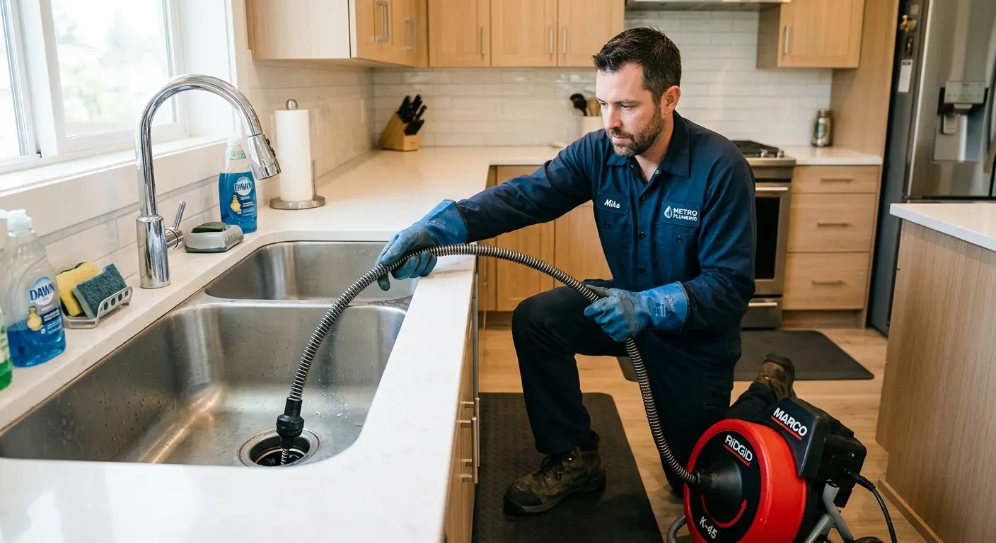 Drain cleaning technician using a motorized snake on a kitchen sink in La Grande