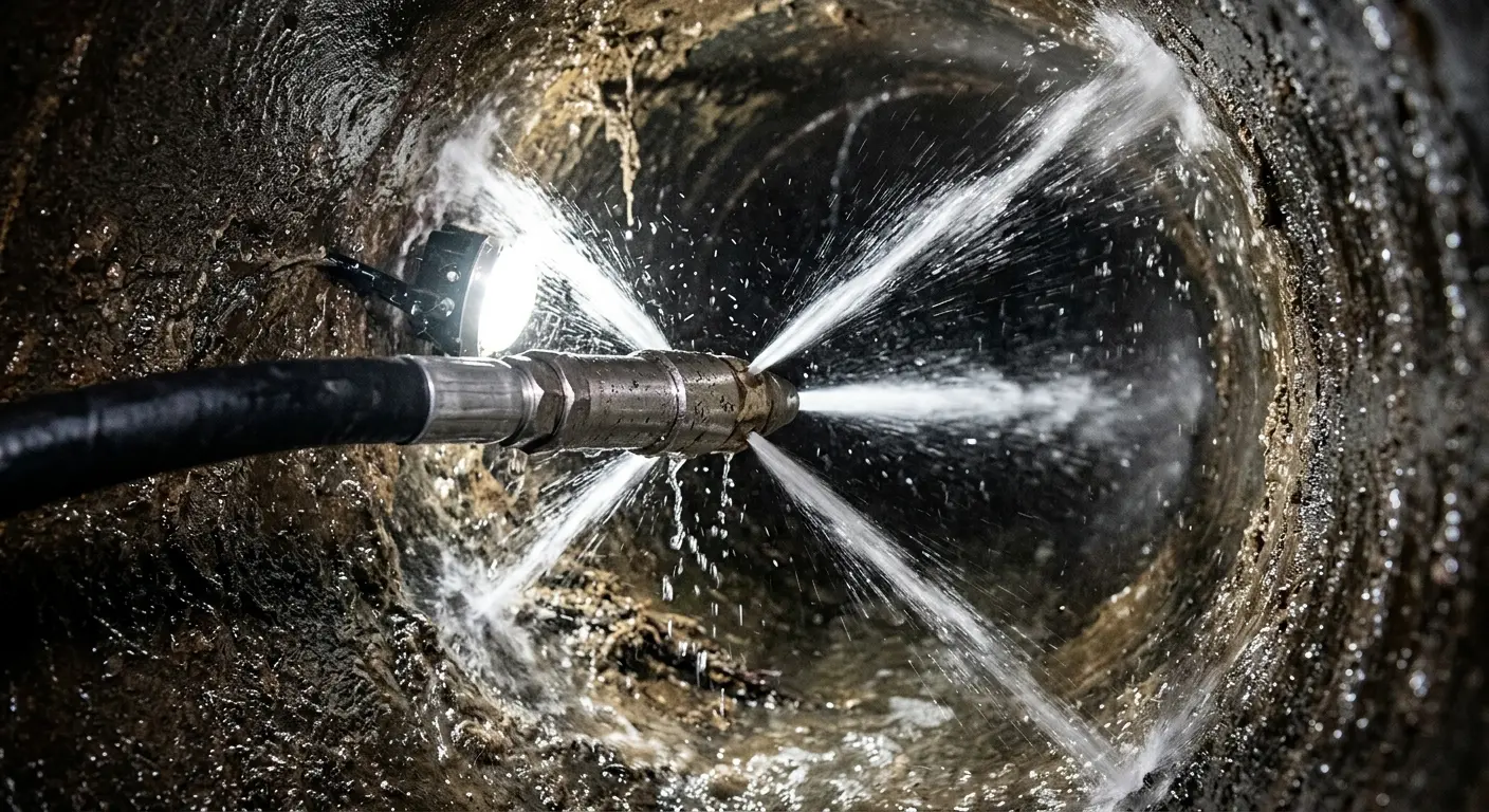 High-pressure hydro jetting nozzle cleaning sewer pipe for Trenchless Sewer Repair in La Grande