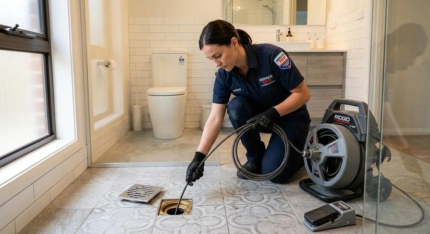 Technician clearing a bathroom floor drain for Drain Cleaning in La Grande
